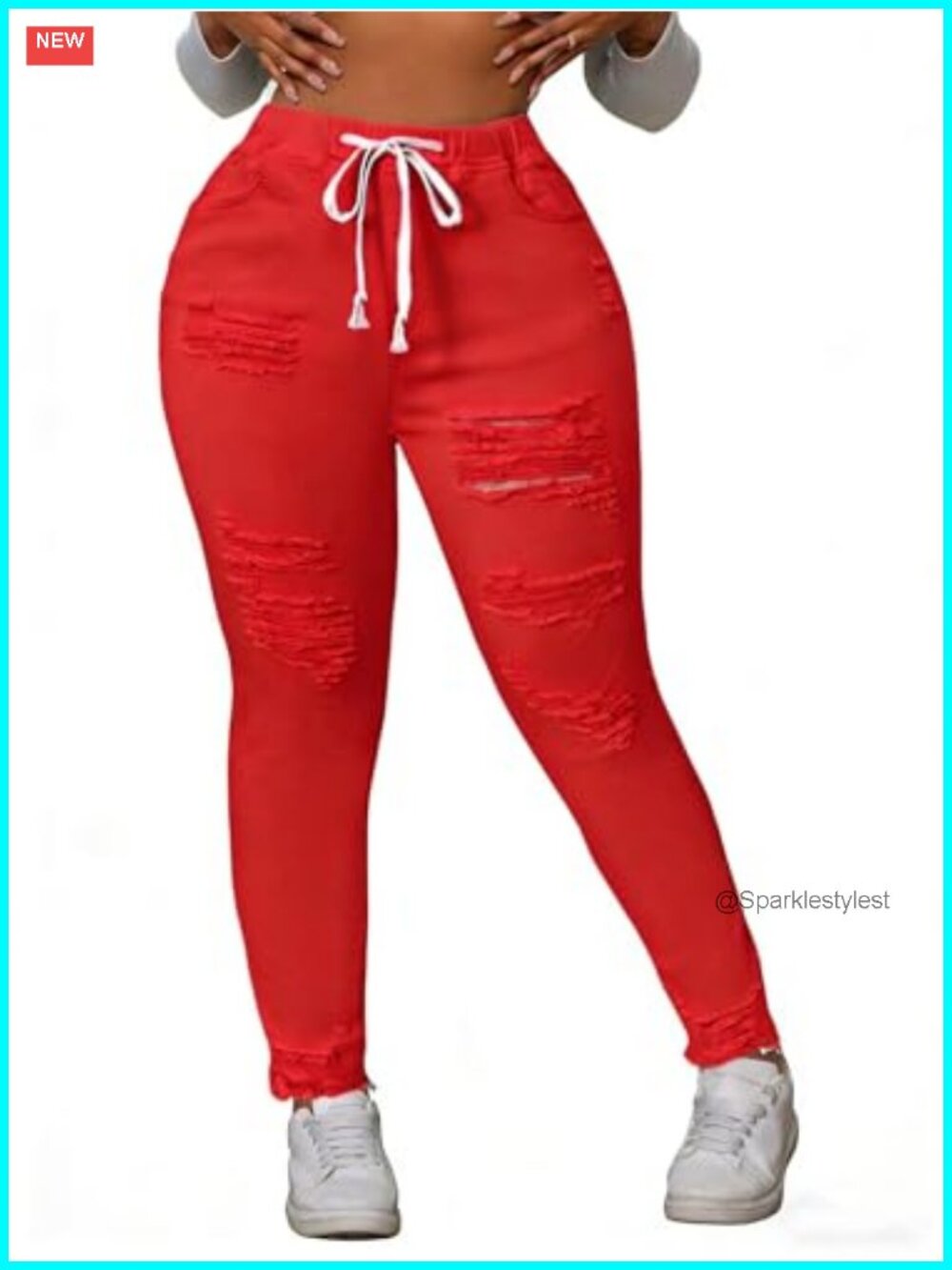 Women's Ripped Skinny Jeans High Rise Stretch Denim Drawstring Waist